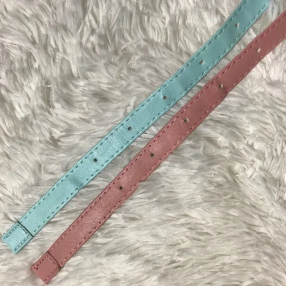 Set of 2 Pink Aqua Vegan Leather Gold Embroidered Fashion Belts